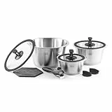 cookvision nesto stapelbares Topfset 10-tlg. Schwarz, 3 Edelstahltöpfe induktions-, backofen- und spülmaschinengeeignet, Set mit 3 Glasdeckeln, abnehmbarer Griff, für Paare, Camping, Reisen