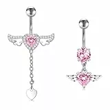 Crdifu 14G Bauchnabelpiercing Rosa Hängend Herz, 10mm Bauchnabelpiercing aus 316L Edelstahl mit Engel Flügel Anhänger, 2er Set Piercing Bauchnabel, Bananabell Piercing Kristallen Liebe Frauen Damen