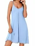 Uniexcosm Nachthemd Damen Kurz Ärmelloses Sexy Nachtwäsche Baumwolle Sleepshirt Spitze Tiefer V-Ausschnitt Nachtkleid Soft Sleepwear A:Hellblau L