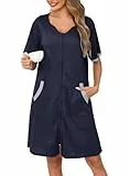 Lovasy Bademantel Waffelpique Damen mit Reissverschluss Morgenmantel Leichter Atmungsaktiv Waffelstrick Bademäntel für Damen Knielang mit Taschen,Marineblau,M