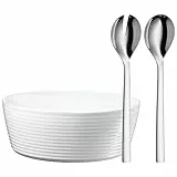 WMF Nuova Salatschüssel Set 3-teilig, Salatbesteck Edelstahl 30 cm mit Salatschale, Cromargan Edelstahl poliert, Porzellan, spülmaschinengeeignet