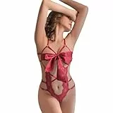 KONFEN Sexy Damen Dessous Set, Erotische Translucent Spitze Riemchen Bodysuit mit Bogen, Overall Lingerie mit Loch Reizwäsche BH und Höschen Sets, Verstellbare Offen Body Suit Unterwäsche (Rot)