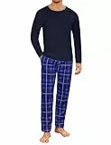 Uniexcosm Schlafanzug Herren Zweiteiliger Lang Baumwolle Pyjama Set Nachtwäsche Langarm Oberteil und Karierte Schlafanzughose Sleepwear Hausanzug Marineblau L