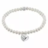 Engelsrufer Damen Stretch-Armband aus Sterling Silber mit Süßwasser-Perlen und Herzflügel-Anhänger, nickelfrei, 17 cm
