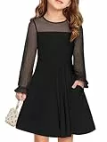 Haloumoning Kleider Mädchen Festliches Prinzessin Kleid Kinder Kontrast Mesh Langarm Puff Sommerkleider Elegant A-Linie Rundhals Partykleid mit Taschen, Schwarz, 9-10 Jahre