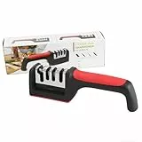 Messerschärfer für Küchenmesser, Manueller 4-Stufen-Messerschärfer mit Scherenschlitz, Herausnehmbarem Schärfkopf, BPA-frei, Rutschfester Standbasis und Ergonomischem Griff, Rot Schwarz