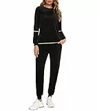 Enjoyoself Damen Nicki Hausanzug Samtweich 2 Teilig Trainingsanzug mit Paillette Warmer Schlafanzug Ohne Kapuze Rundhals Pullover+Relaxhose Schwarz,XXL