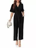 Cicy Bell Damen Elegante V-Ausschnitt Jumpsuits Dressy Casual Kurze Ärmel Weite Beine Lange Hosen Rompers, Schwarz, X-Large