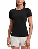 CRZ YOGA Damen Nahtlos Sport T-Shirt Atmungsaktiv Shirts Sportshirt Laufshirt Gym Workout Kurzarm Schmale Shirt Schwarz 38