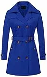 Chrisuno Zweireihiger Trenchcoat für Damen, mittellang, mit Gürtel, langer Mantel, Jacke mit abnehmbarer Kapuze, Königsblau, S