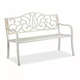 Relaxdays Gartenbank Antik für 2 Personen, Balkon, Terrasse, Premium Rostschutz, Metallbank 90x127,5x63 cm, weiß-bronze