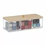 Relaxdays Make Up Organizer mit Bambusdeckel, 3 Fächer, Kunststoff, Aufbewahrung Haargummis, Kosmetik, transparent/Natur