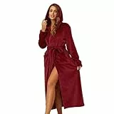 RONGTAI Damen Bademantel aus Plüsch mit Kapuze und Taschen, flauschige Nachtwäsche, burgunderfarben, Large