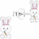 miimago Hasen Kinderohrringe Silber 925 Mädchen Ohrstecker - Häschen Ohrringe für Kinder - 8 mm weiß
