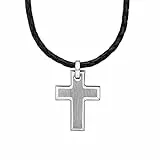 s.Oliver Kette mit Kreuzanhänger für Herren, Anhänger: Edelstahl, Kette: Echtes Leder, Silber/Schwarz