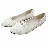 Fenical Spitze Hochzeit Schuhe Spitze Perle Blume Hochzeit Braut Flache Schuhe für Frauen 1 Paar Größe 39 weiß