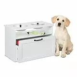 Relaxdays Futterstation Hund, 2 Hundenäpfe, Stauraum, HxBxT: 42 x 60 x 30 cm, erhöhte Hundebar, MDF, Hundeschrank, weiß