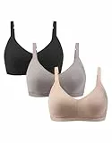 ANGOOL Damen BH Ohne Bügel Mittlerer Halt Sport BH Rückenverschluss Verstellbar Träger Klassische Schlaf Bra Gepolstert V-Ausschnitt Seamless, Schwarz+Grau+Beige, L