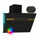 Klarstein Dunstabzugshaube Alina - 60-cm-Wandhaube, 600 m³/h, Energieeffizienzklasse A, 9 LED-Farben, Touch-Bedienfeld, 52 dB, Schwarz-Gold, Umluftbetrieb Möglich