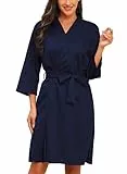 Lovasy Leichter Bademantel Waffelpique Damen 3/4 Ärmel Saunamantel Waffelstrick Morgenmantel Weich Knielang Loungewear mit Gürtel Taschen,Marineblau,L