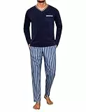 Demegimi Herren Schlafanzug Lang Streifen Baumwolle Winter Pyjama Nightwear Set Langarmshirt gestreifte Schlafanzughose für Männer,Marineblau,L
