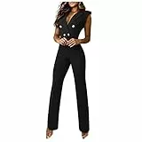 TIMELYE Damen Overall Farbblock Slim Fit Business Beruf Elegante Jumpsuit Kurze Ärmel Revers Hosenanzug Skinny Vintage Knopf Playsuit Bodycon Romper Lässige Büro Formal Romper Casual Outfits Anzug