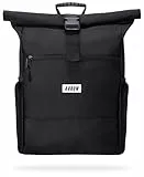 AARON Rucksack Damen und Herren, mit Laptopfach, inkl. AirTag Halter, Daypacks, Rollrucksack aus recycletem PET für UNI, Reisen, Alltag, Rolltop Backpack in Schwarz