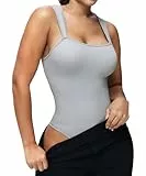 STARBILD Shapewear Damen Bauchweg Tanga, Bodysuit Eng Nahtlos Ärmellos, Formende Bodys Gerippte Jumpsuit Thong, Eckigem Ausschnitt - Grau L