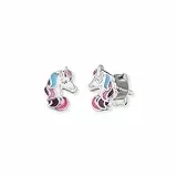 Herzengel Mädchen Kinder Ohrstecker Ohrringe aus Sterling Silber mit farbigem Einhorn aus Emaille - Steckverschluss - nickelfrei