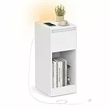 VASAGLE Nachttisch, schmal, Beistelltisch, LED-Beleuchtung, 1 USB-A-Anschluss, 1 USB-C-Anschluss, Schublade, offenes Fach, für Schlafzimmer, Wohnzimmer, wolkenweiß LET610W01