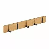 Relaxdays Garderobenleiste, 5 klappbare Haken, Bambus, Metall, zum Bohren oder Kleben, Flur Wandgarderobe, Natur/schwarz