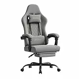 WOLTU Gaming Stuhl mit Massagefunktion, Computerstuhl Ergonomisch, Taschenfederkissen, Lendenmassage, Kopfkissen, Fußstütze, Drehstuhl, 150 kg, Netzstoff, Grau+Gelb