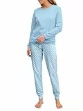 CALIDA Lovely Nights Bündchen-Pyjama, Schlafanzug Damen, 100% Baumwolle, hautfreundlich, weich, pflegeleicht Cascade Blue 40-42