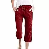 KOG Gutschein Amazon 3/4 Hose Damen Leinenhose Freizeit Sommerhose Leicht Baumwolle Leinen Baggy Cargo Hosen Frau Jogging Hose Vintage Beige Wide Leg Hip Hop Hose Gutschein Rot M
