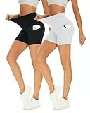 Missluck 2er Pack Radlerhose Damen Hohe Taille Kurze Sporthose Shorts Sommer Leggings Blickdicht Hotpants Unter Kleider für Yoga Sport, S-M, Schwarz/Weiß-mit Taschen