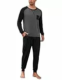 Aseniza Schlafanzug Herren Lang Baumwolle Pyjama Set Winter Nachtwäsche Herren-Schlafanzug Langarm Pyjamahose mit Taschen und Kordelzug für Männer Dunkelgrau/Schwarz L