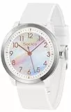 SOCICO Kinderuhr Analog, 5ATM/50M Wasserdicht Armbanduhr Kinder Mädchen Jungen Teenager, Leicht Lesbar Kinder Quartz Minimalistisch Uhren für 9-18 Jahre (Regenbogenweiß)