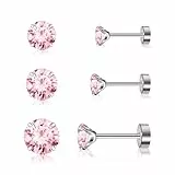 Artskin 3 Paare Titan Cubuic Zirkonia Ohrstecker für Frauen Männer CZ Ohrring Ohrstecker Hypoallergen Flach zurück Ohrringe Silber Mädchen Knorpel Ohrring Set 3mm-5mm