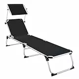 tectake Sonnenliege mit Dach, Balkon Liege aus Aluminium, klappbare Gartenliege, wetterfest, Liegestuhl für Garten, Camping und Strand mit Verstellbarer Rückenlehne, 2 Tragegriffe - schwarz