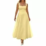 Swing Kleid Damen Elegant Lang Ärmellos Sommerkleid Cocktailkleid Festlich Maxikleider Sommer High Waist A Linie Maxi Kleider Für Hochzeit Party Cocktail und Strand Gelb M