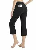 SAFORT Damen Yogahose Capri aus Baumwolle Flared Leggings Sporthose Damen 3/4 Dreiviertel Hose Bootcut mit Taschen, Schwarz, Capri, L