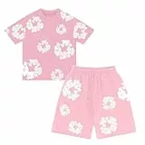Generisch Jungen T-Shirt und Shorts Set 2 Teiliges Sommer Trainingsanzug Schaumdruck Kurzarm T-Shirt Und Tunnelzug Taschen Shorts Y2K Hip Hop Unisex Jogginganzug Baumwoll Outfit Pink 160