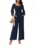 Damen Jumpsuit Elegant Langarm Lässig Herbst Outfits Gesmoktes Oberteil Leicht Lockere Weite Bein Hose mit Taschen Größe 46-48 (Navyblau, L)