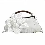 MEGAUK Damen Elegante Handtasche Blumen Clutch Satin Abendtasche Henkeltasche Crossbody Bag mit Kette Kisslock Design, Weiß