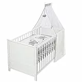 roba Babybett Set Jumbotwins - 70 x 140 cm - Kinderbett mitwachsend / umbaubar - Komplett inkl. Bettwäsche, Himmel, Matratze - Höhenverstellbar - Holz weiß