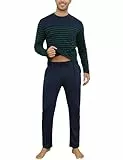 Aseniza Schlafanzug Herren Lang Pyjama Baumwolle Winter Pyjamas Gestreift Langarm Hausanzug Zweiteilige Schlafanzüge für Männer mit Elastischem Bund und Taschen