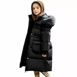 Tilozs Winterjacke Mittlere Länge Wintermantel Mädchen Steppjacke Kinder Kapuzenjacke Steppjacke Winddicht Daunenjacke Gürtel Parka Jacke, Schwarz, 146(Herstellergröße: 150)