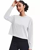 PINSPARK Damen Sport T-Shirt Langarm Kurz Sport Oberteile Atmungsaktiv Sportshirt Locker Athletisch Funktionsshirt Langarm Laufshirt Fitness Crop Top Yoga Weiß L