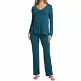 Mnemo Schlafanzug für Damen Weich Gestricktes Schlafanzug Sexy mit V-Ausschnitt und Exquisitem Gewelltem Saum Slim Fit Frauen Gemütliche Nachtwäsche Blaugrün XXL