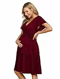 KOJOOIN Damen Umstandskleid V-Ausschnitt Stillkleid Casual Schwangerschafts Kleider mit Rüsche Burgundy(Kurzarm) M